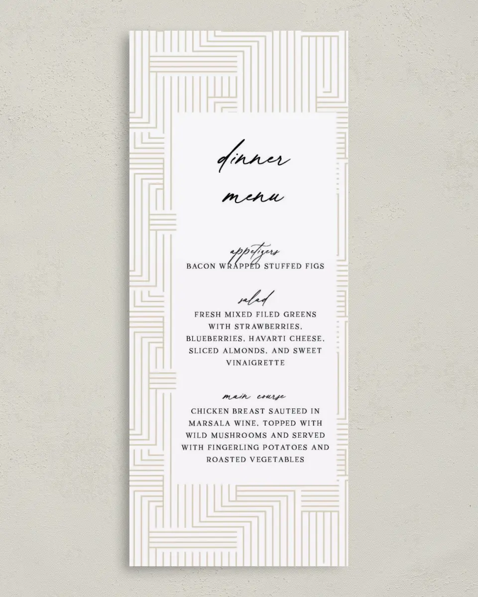 This is a 3⅝" x 8⅞" Wedding Menu Card called Love Maze printed in full color with Silver foil on Luxe Satin (coated) paper