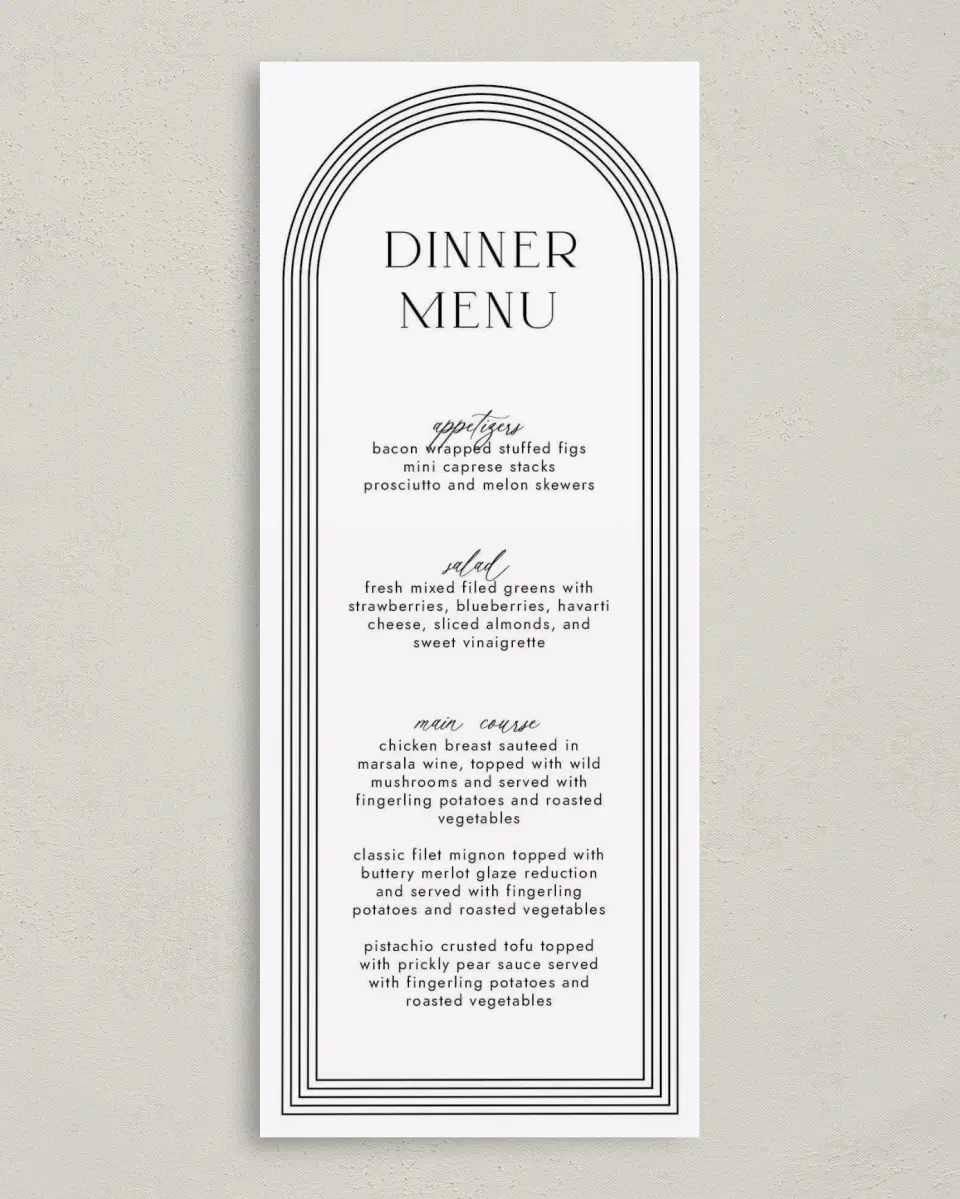 This is a 3⅝" x 8⅞" Wedding Menu Card called Passionate Arch printed in full color with Silver foil on Luxe Satin (coated) paper