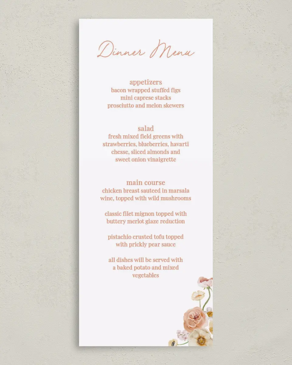 This is a 3⅝" x 8⅞" Wedding Menu Card called Warm Wildflowers printed in full color on Premium Smooth paper