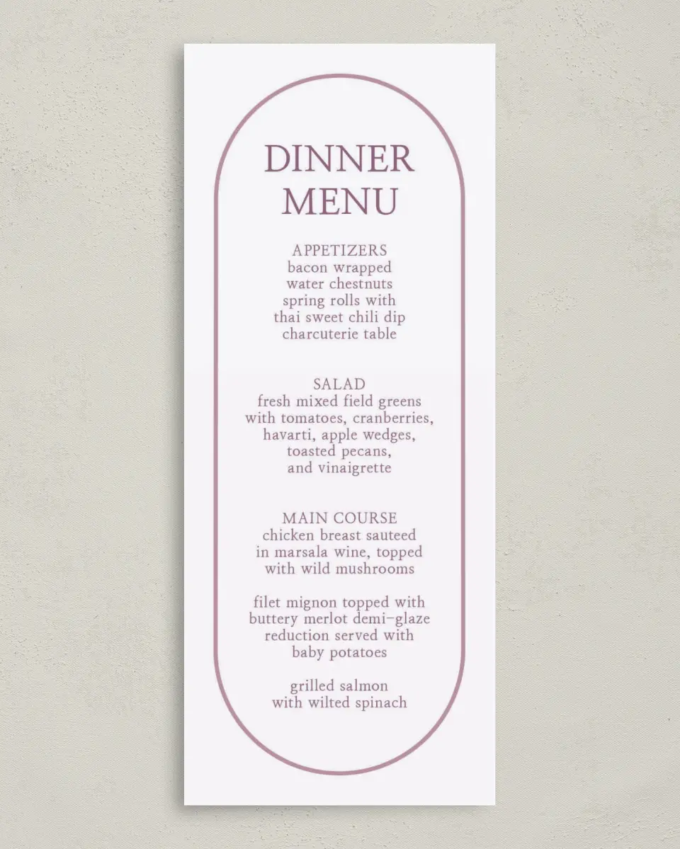 This is a 3⅝" x 8⅞" Wedding Menu Card called Whimsy Fairytale printed in full color on Premium Smooth paper