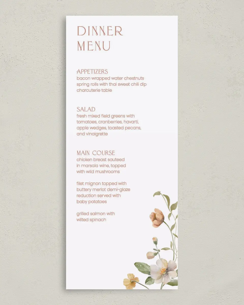 This is a 3⅝" x 8⅞" Wedding Menu Card called Delicate Garden printed in full color on Premium Smooth paper