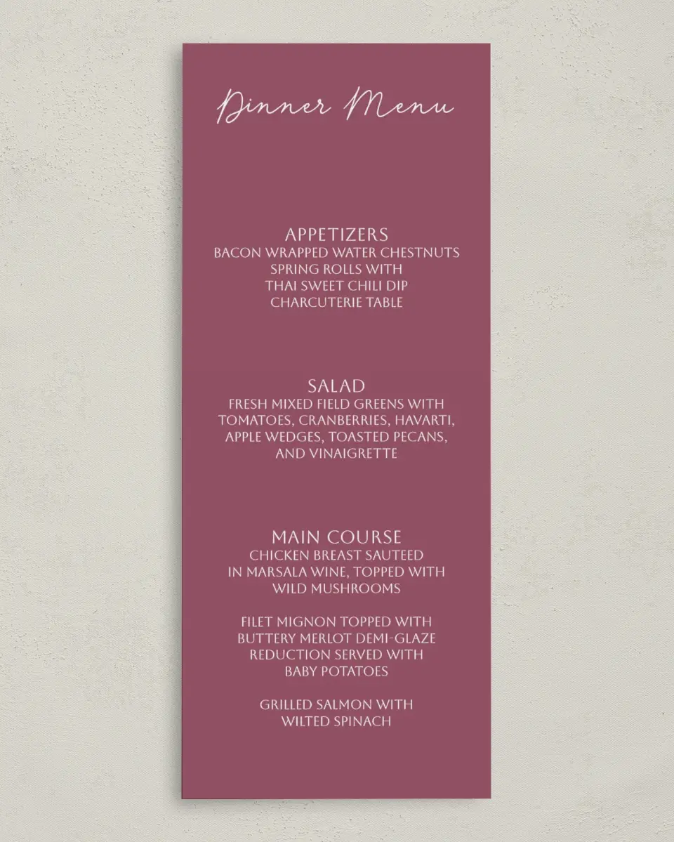 This is a 3⅝" x 8⅞" Wedding Menu Card called Mauvelous printed in full color on Premium Smooth paper