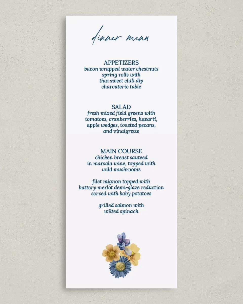 This is a 3⅝" x 8⅞" Wedding Menu Card called Wildest Dream printed in full color on Premium Smooth paper