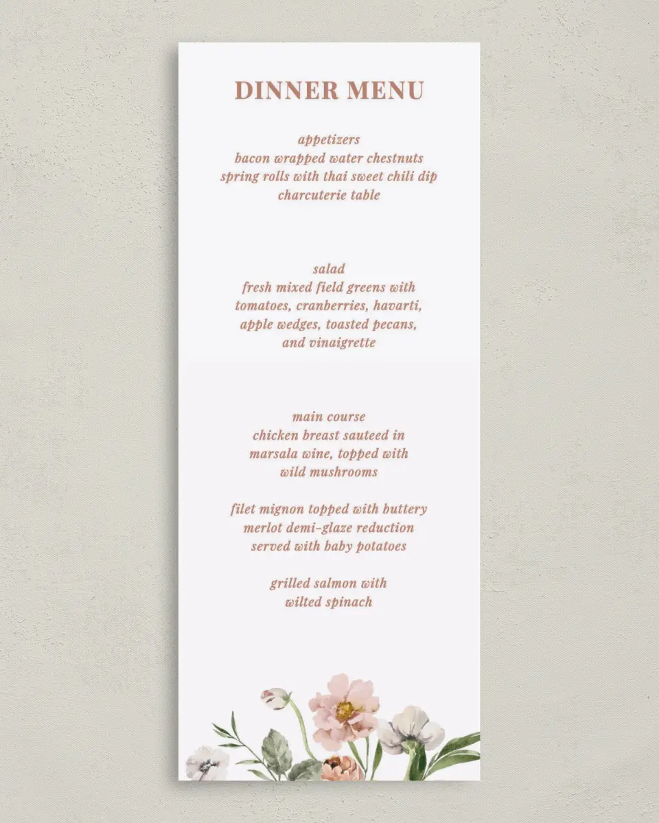 This is a 3⅝" x 8⅞" Wedding Menu Card called Gorgeous Blush printed in full color on Premium Smooth paper
