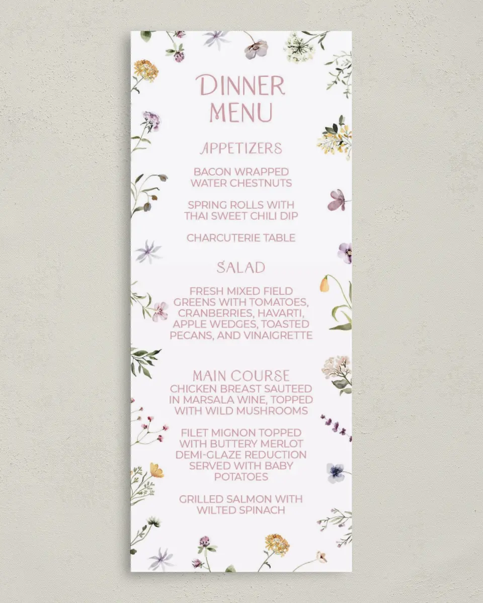 This is a 3⅝" x 8⅞" Wedding Menu Card called Efflorescence printed in full color on Premium Smooth paper