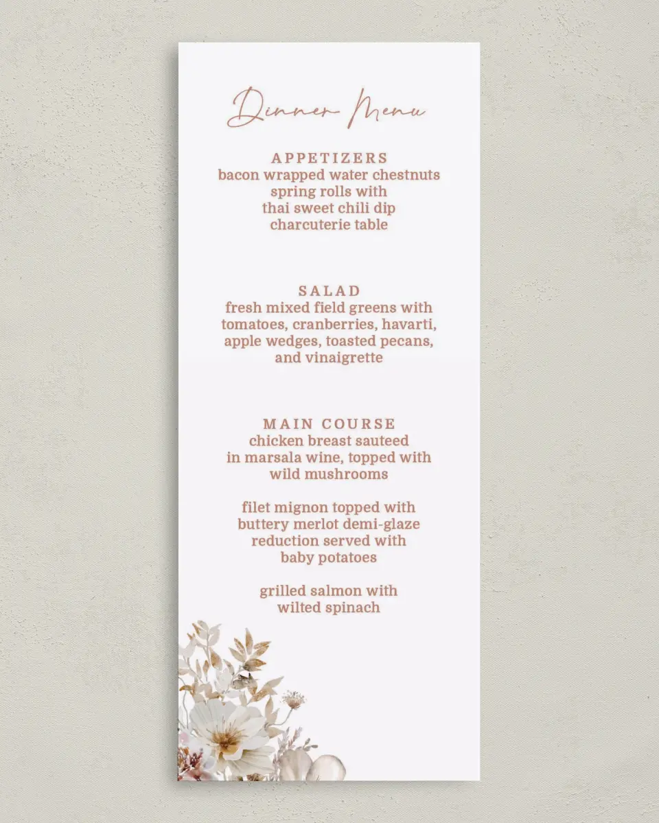 This is a 3⅝" x 8⅞" Wedding Menu Card called Petal Perfect printed in full color on Premium Smooth paper