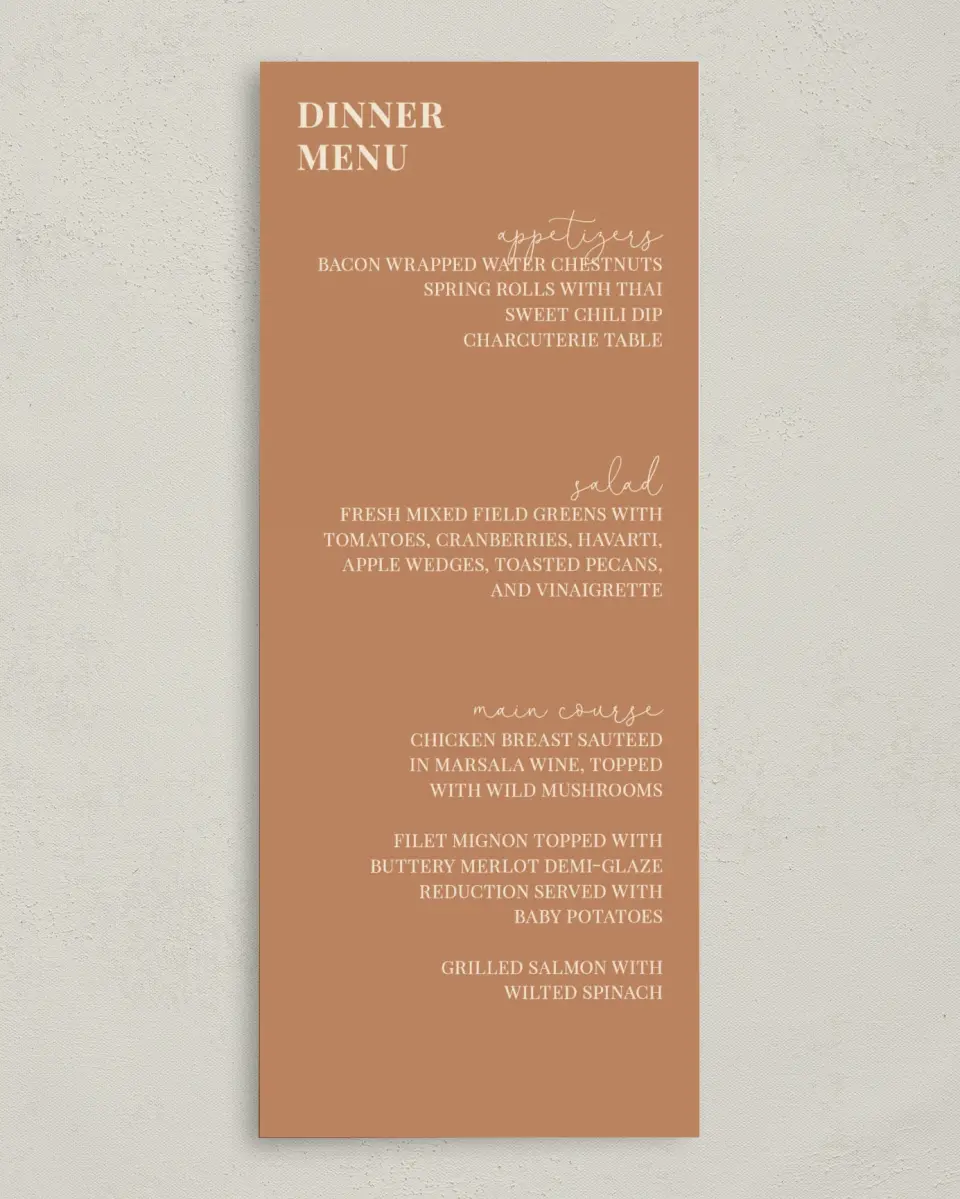 This is a 3⅝" x 8⅞" Wedding Menu Card called Sultry Sunshine printed in full color on Premium Smooth paper