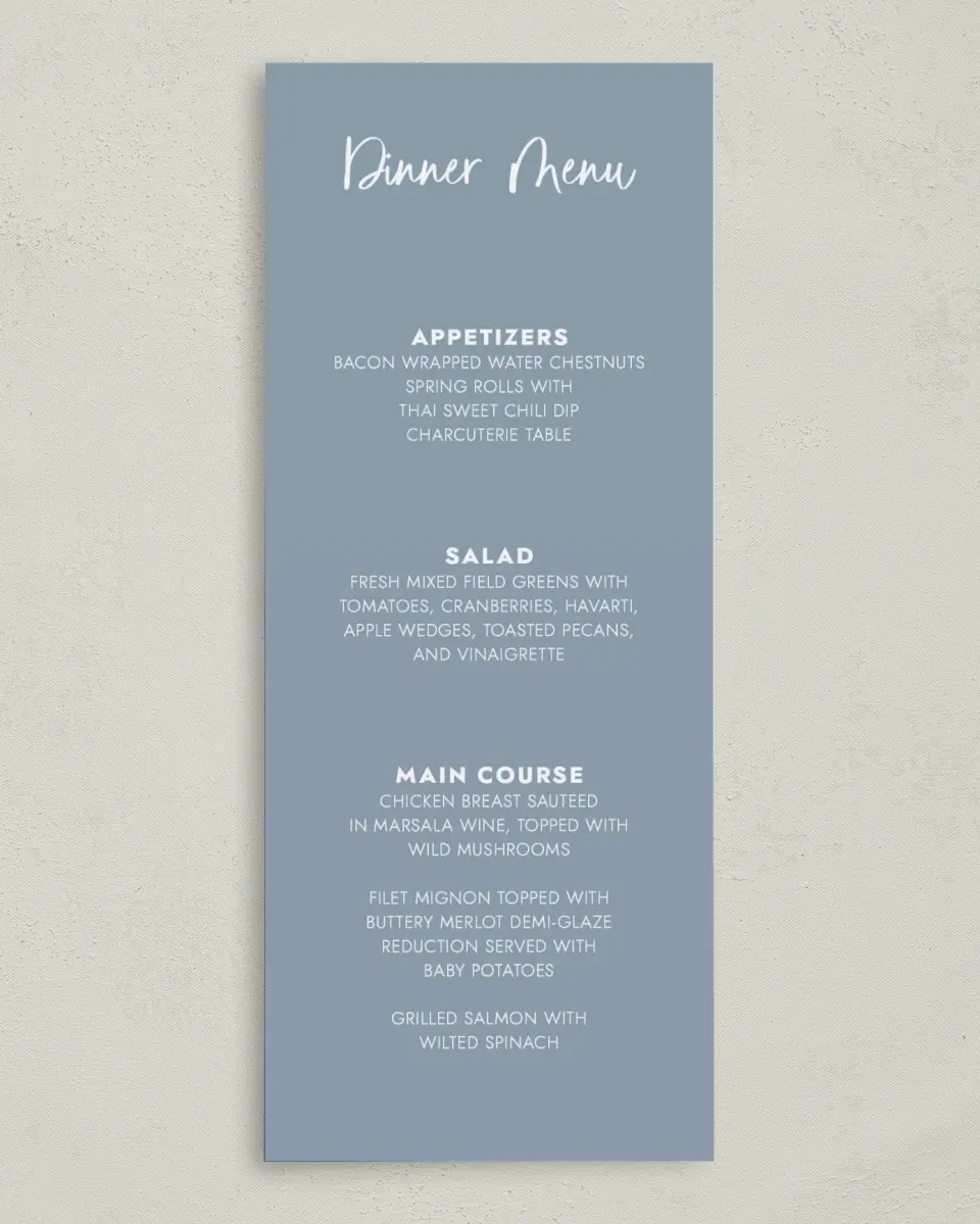 This is a 3⅝" x 8⅞" Wedding Menu Card called Abundant Blue printed in full color on Premium Smooth paper