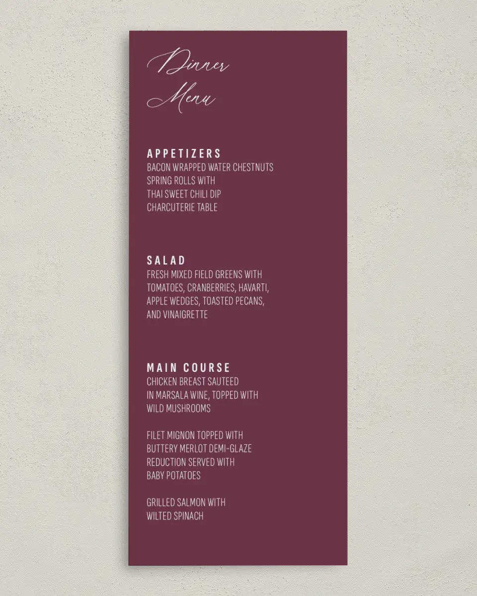 This is a 3⅝" x 8⅞" Wedding Menu Card called Harvest Meadows printed in full color on Premium Smooth paper