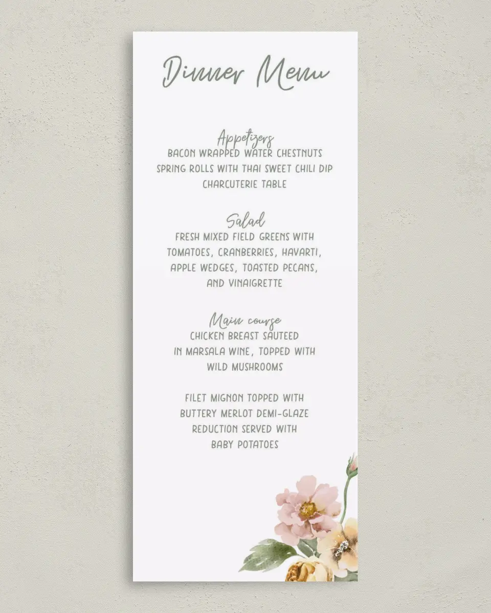 This is a 3⅝" x 8⅞" Wedding Menu Card called Hopeful Floral printed in full color on Premium Smooth paper