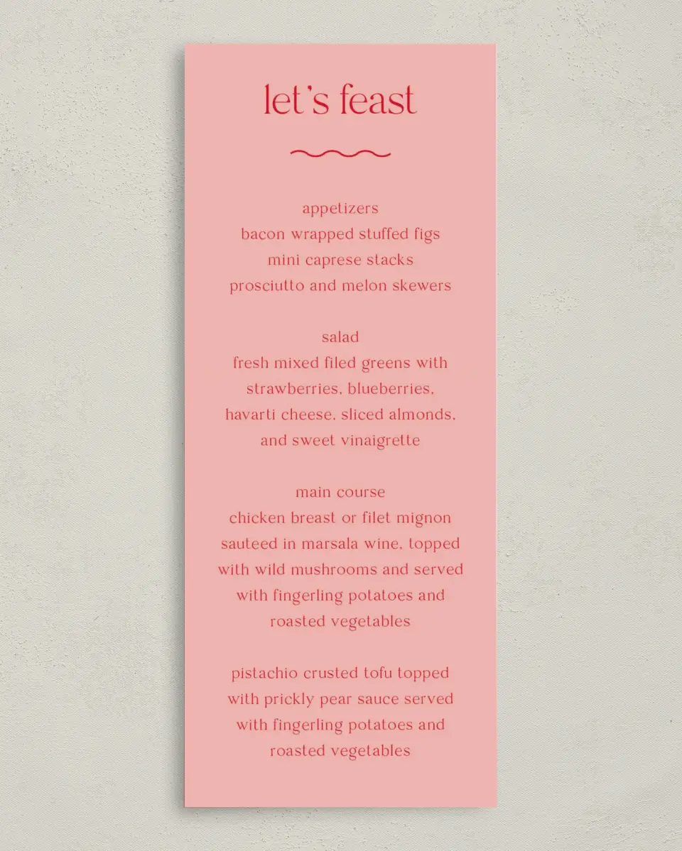 This is a 3⅝" x 8⅞" Wedding Menu Card called The Delaney printed in full color on Premium Smooth paper