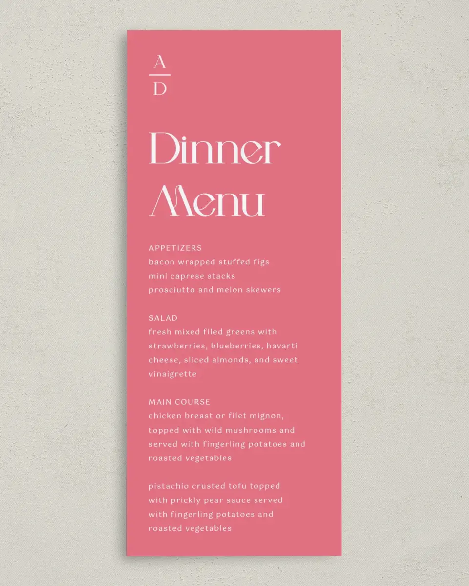 This is a 3⅝" x 8⅞" Wedding Menu Card called The Abigail printed in full color on Premium Smooth paper