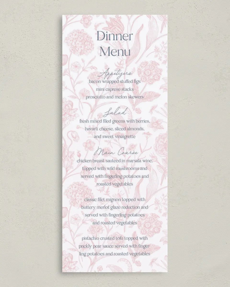 This is a 3⅝" x 8⅞" Wedding Menu Card called The Gabriella printed in full color on Premium Smooth paper