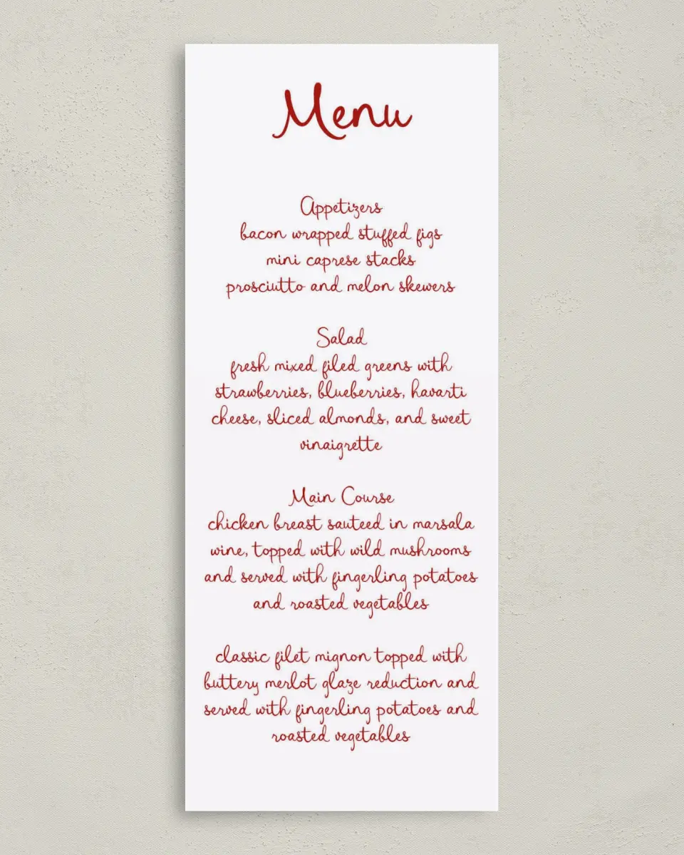 This is a 3⅝" x 8⅞" Wedding Menu Card called Love Birds printed in full color on Premium Smooth paper