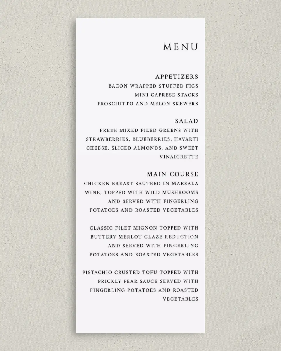 This is a 3⅝" x 8⅞" Wedding Menu Card called Classic Romance printed in full color on Premium Smooth paper