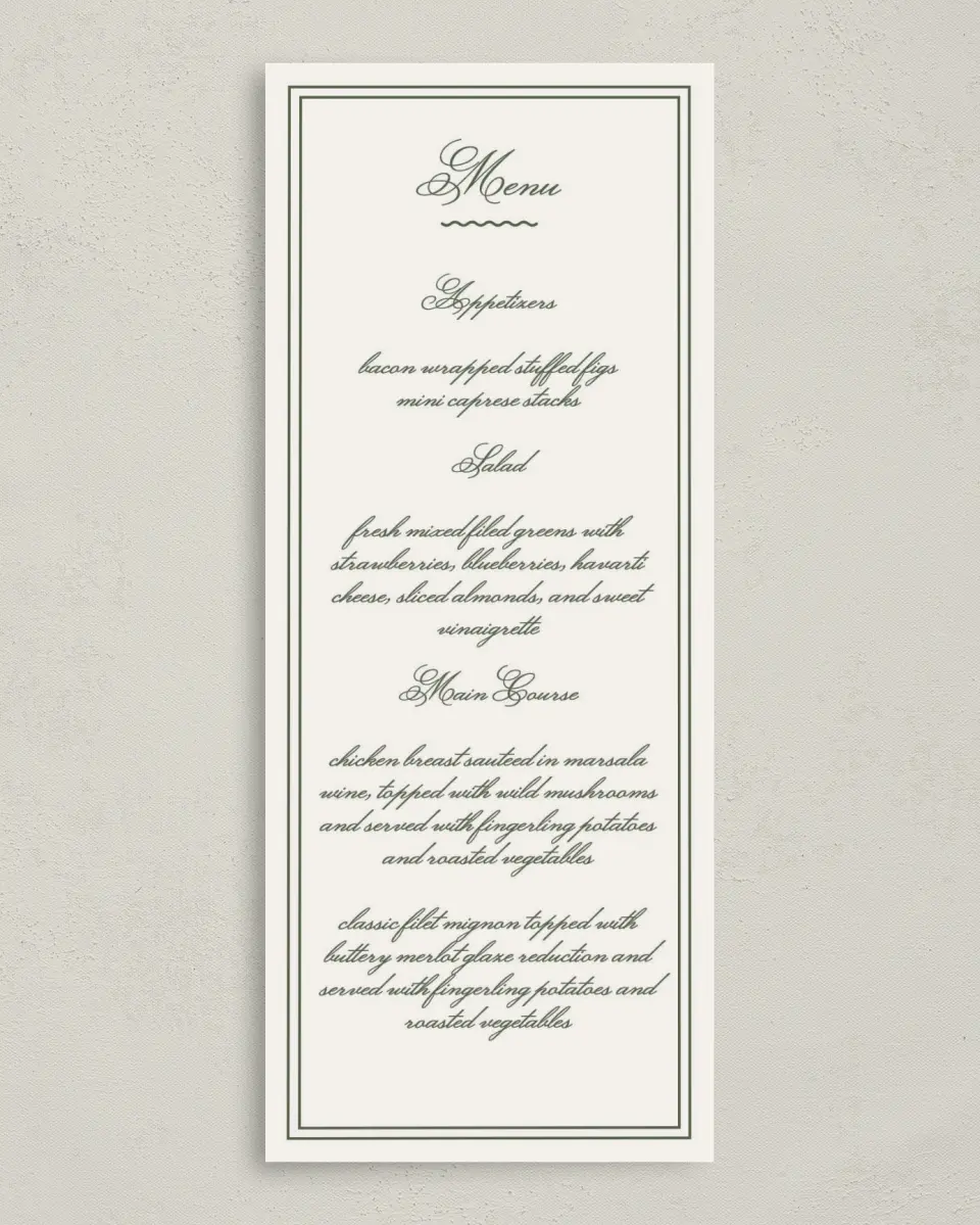 This is a 3⅝" x 8⅞" Wedding Menu Card called Aloha Amore printed in full color on Premium Smooth paper