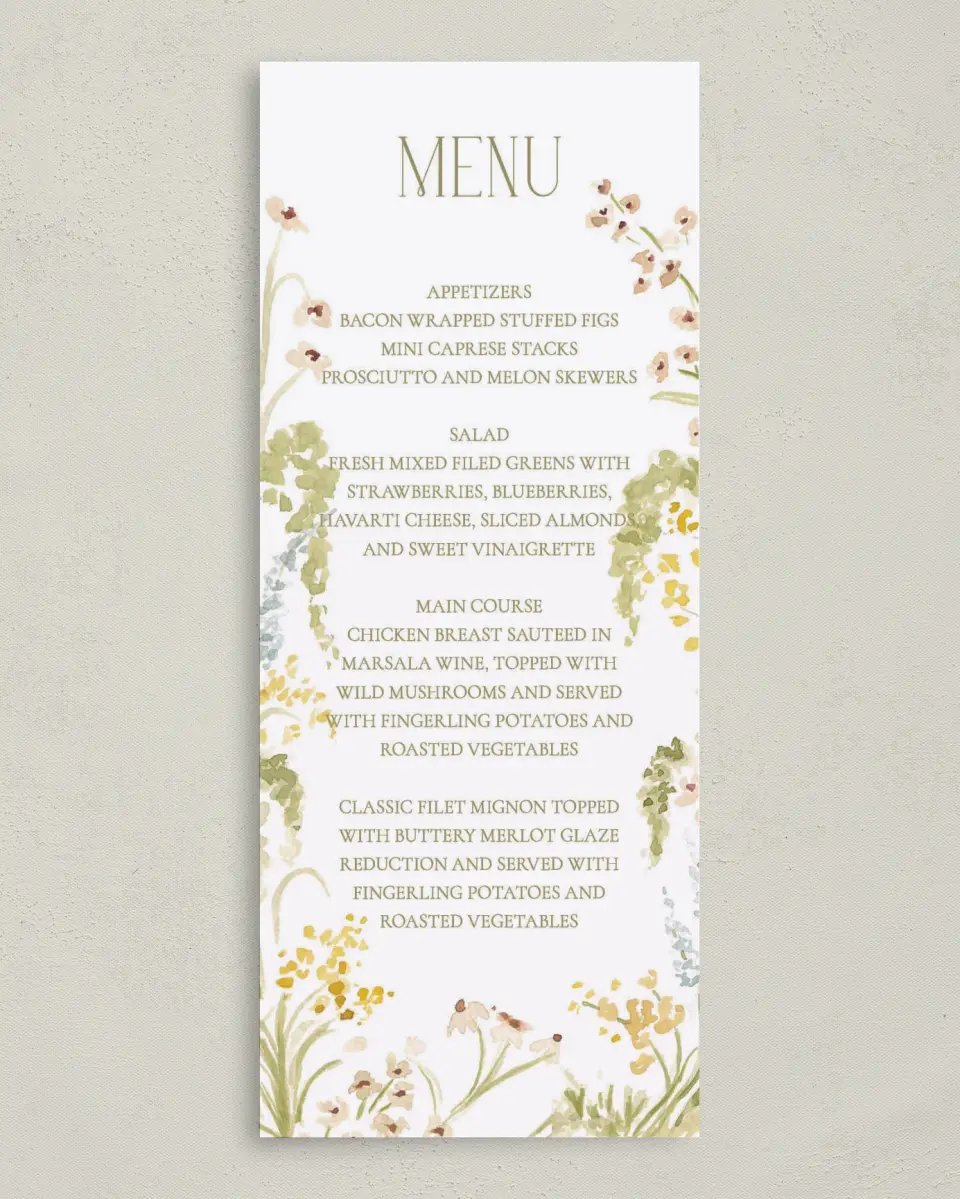 This is a 3⅝" x 8⅞" Wedding Menu Card called Forever in Bloom printed in full color on Premium Smooth paper