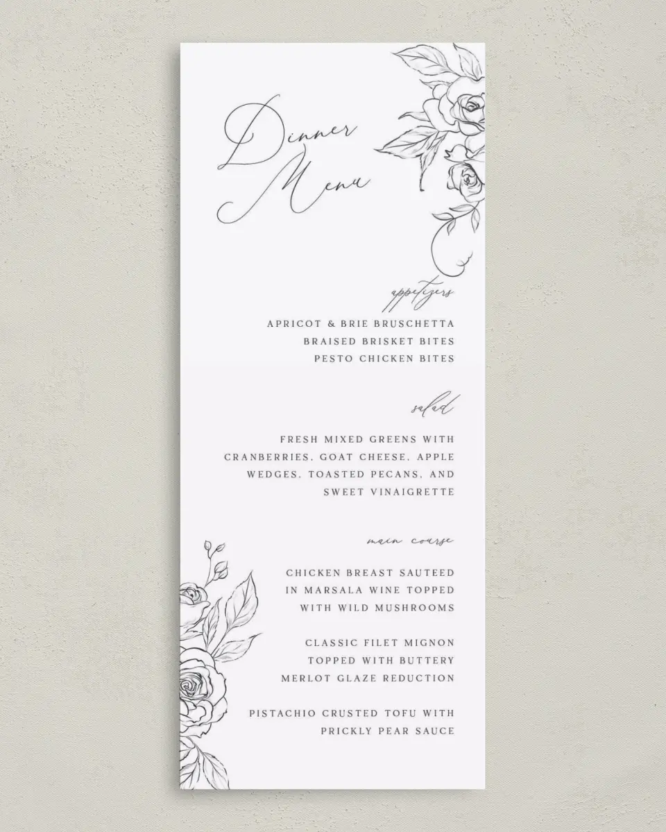 This is a 3⅝" x 8⅞" Wedding Menu Card called The Anabelle printed in full color on Premium Smooth paper