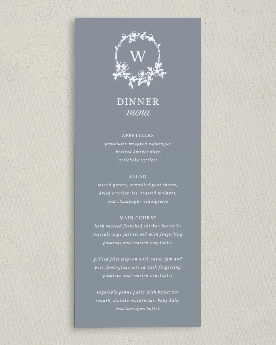 This is a 3⅝" x 8⅞" Wedding Menu Card called Flowering Frame printed in full color on Premium Smooth paper
