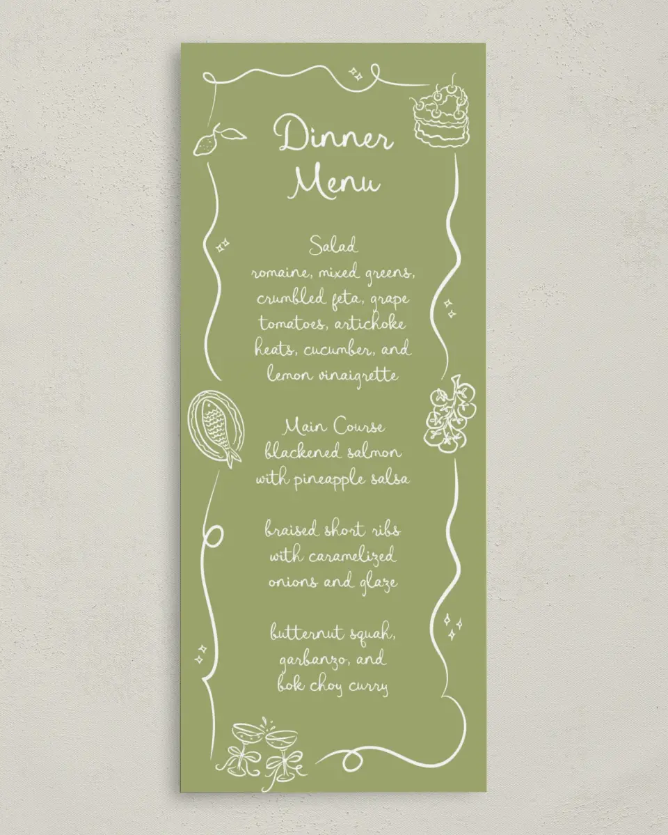 This is a 3⅝" x 8⅞" Wedding Menu Card called Wedding Whimsy printed in full color on Premium Smooth paper