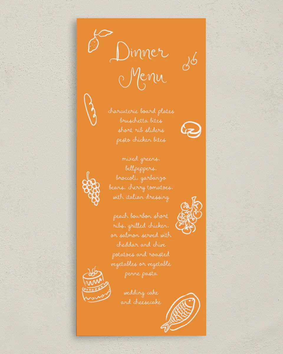This is a 3⅝" x 8⅞" Wedding Menu Card called The Micayla printed in full color on Premium Smooth paper