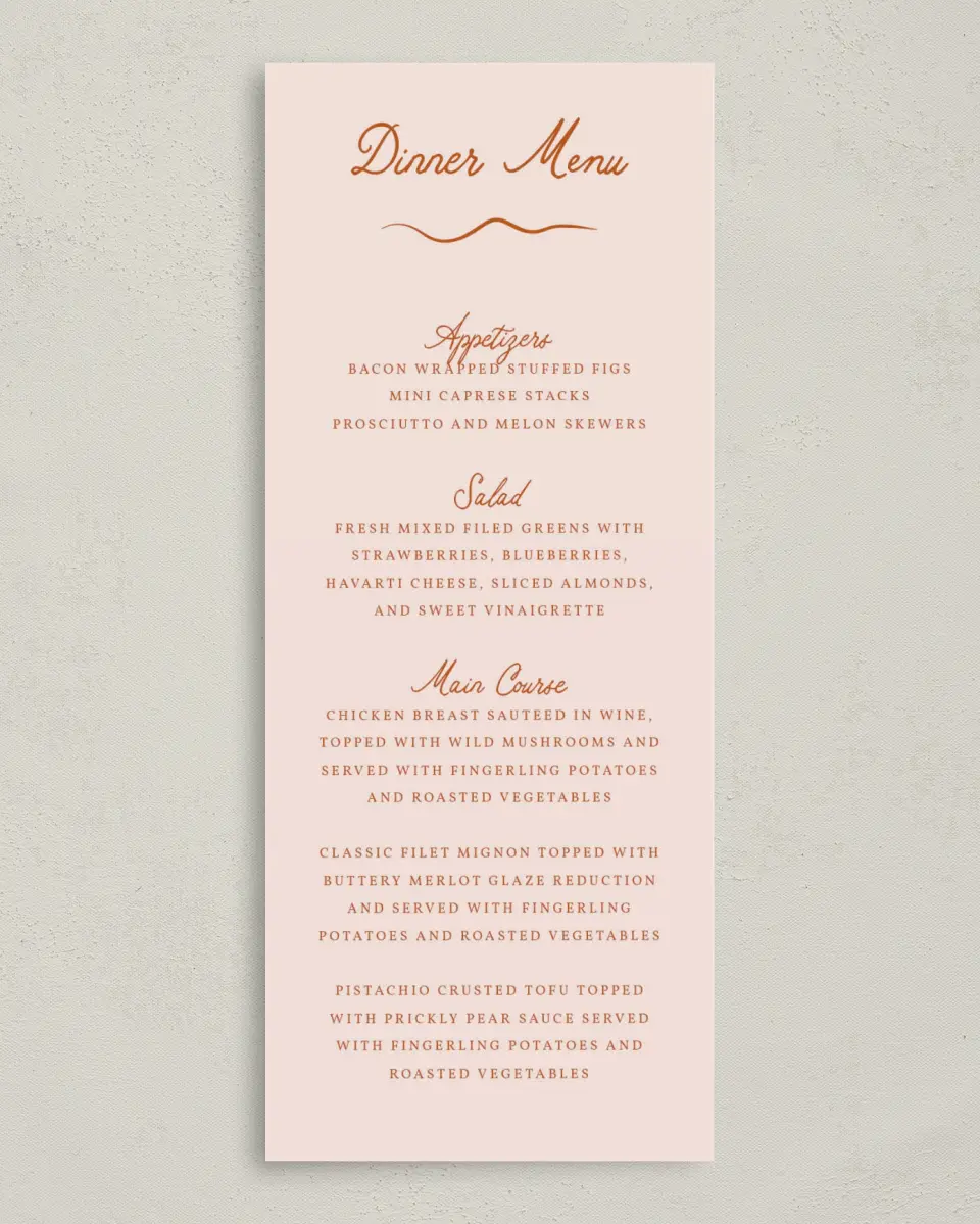 This is a 3⅝" x 8⅞" Wedding Menu Card called The Kennedy printed in full color on Premium Smooth paper
