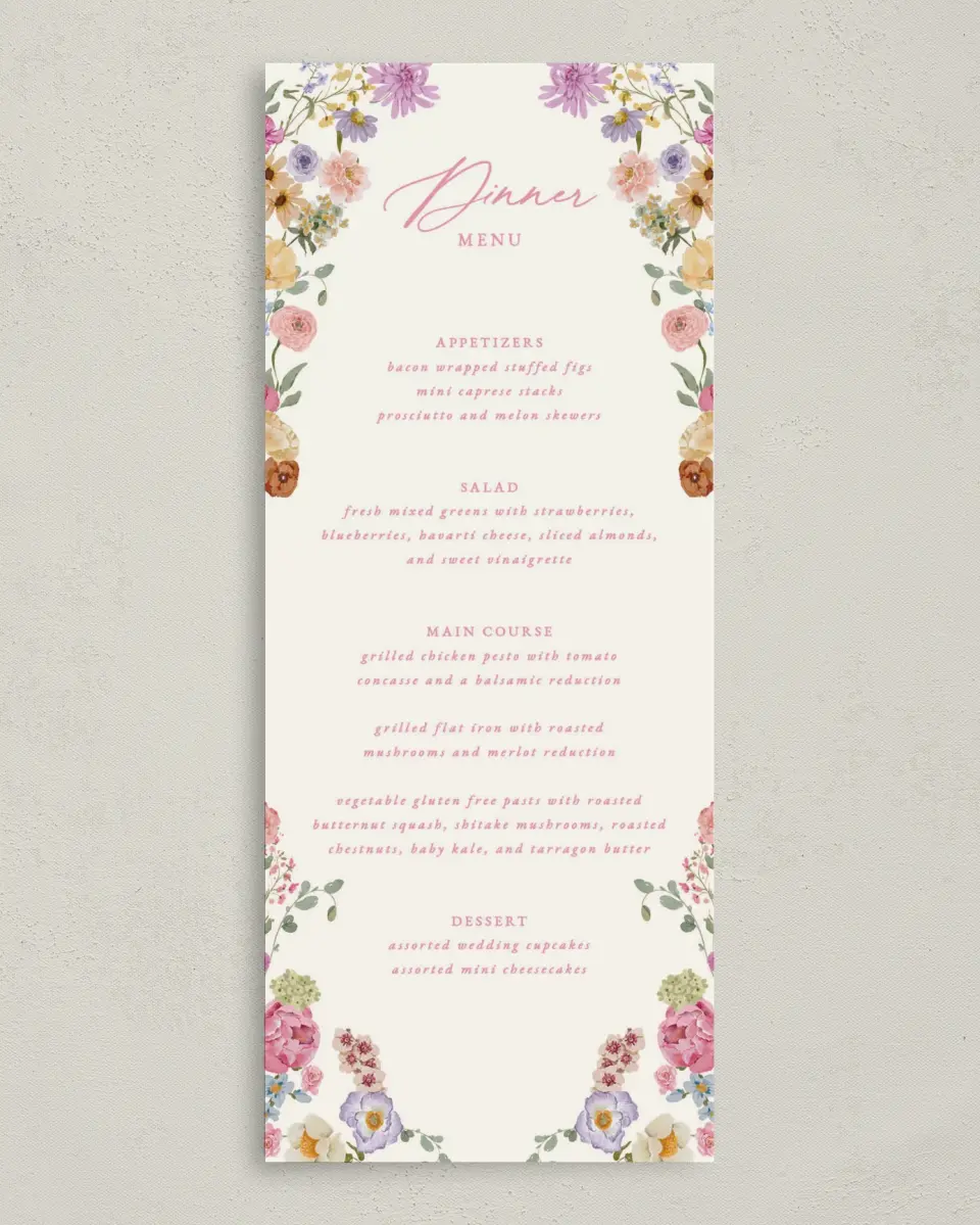 This is a 3⅝" x 8⅞" Wedding Menu Card called The Florence printed in full color with Silver foil on Luxe Satin (coated) paper
