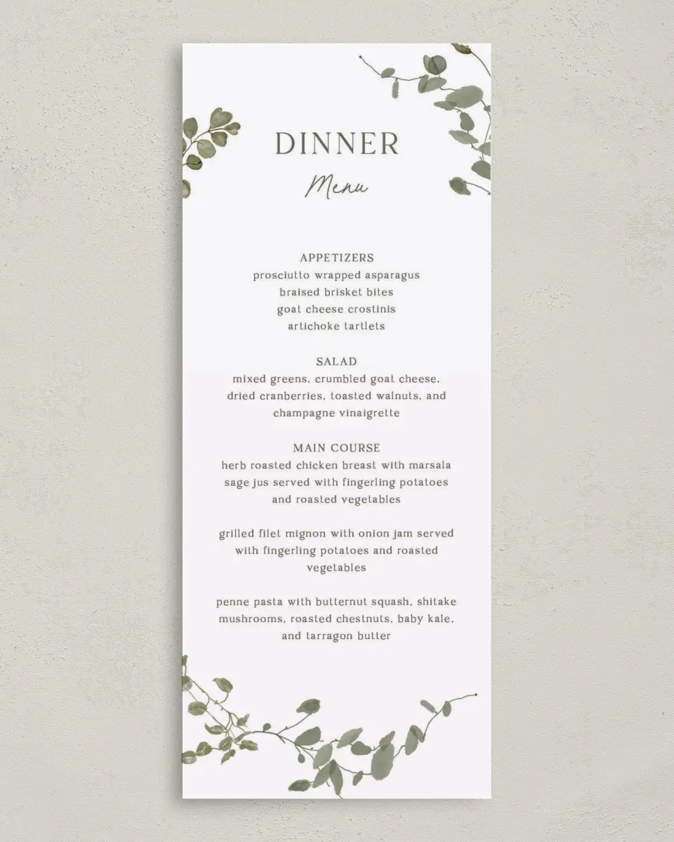 This is a 3⅝" x 8⅞" Wedding Menu Card called The Hailey printed in full color on Premium Smooth paper