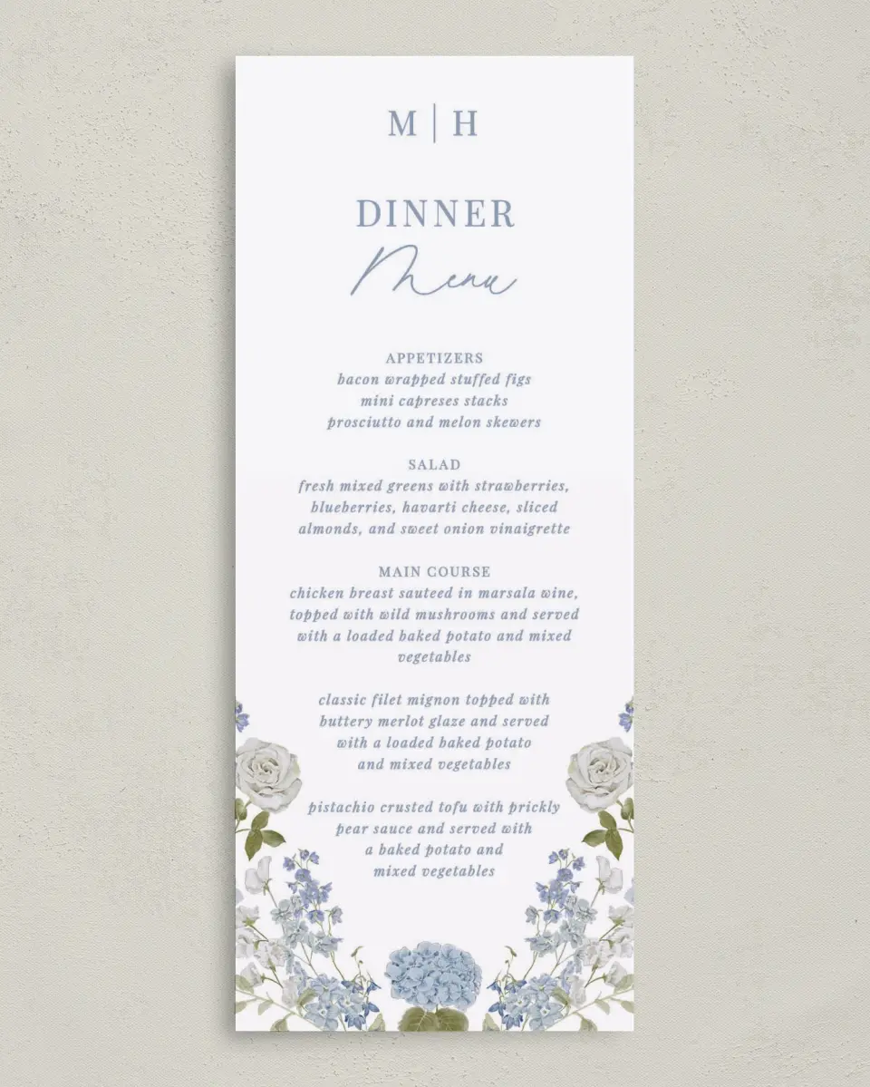 This is a 3⅝" x 8⅞" Wedding Menu Card called Blue Blossoms printed in full color on Premium Smooth paper