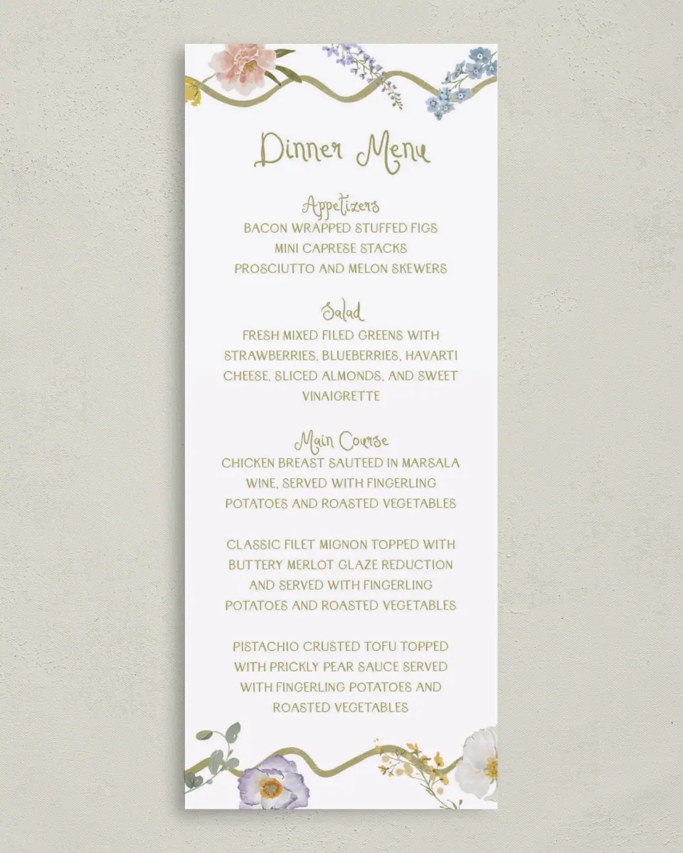 This is a 3⅝" x 8⅞" Wedding Menu Card called Whimsical Garden printed in full color on Premium Smooth paper
