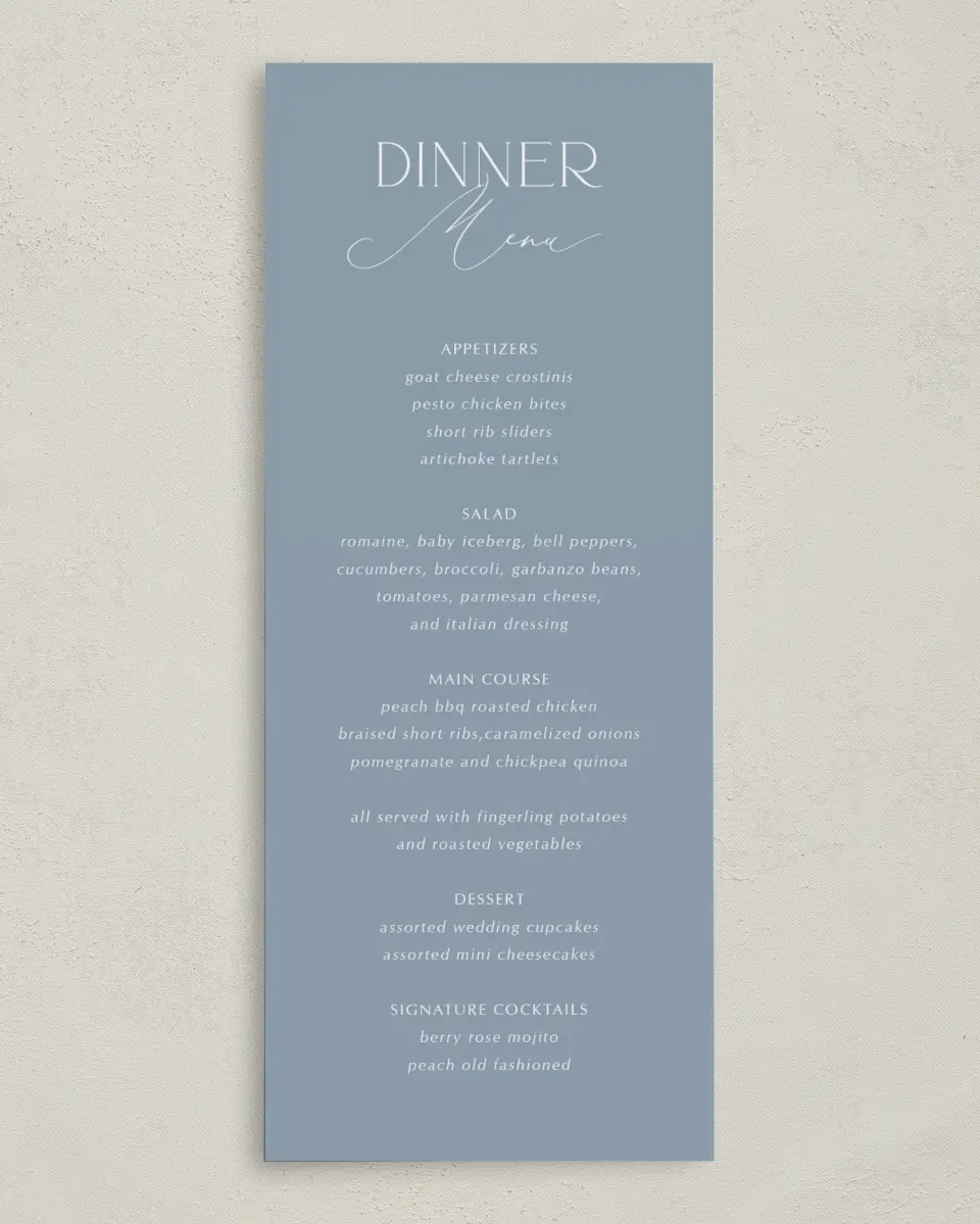 This is a 3⅝" x 8⅞" Wedding Menu Card called The Victoria printed in full color on Premium Smooth paper
