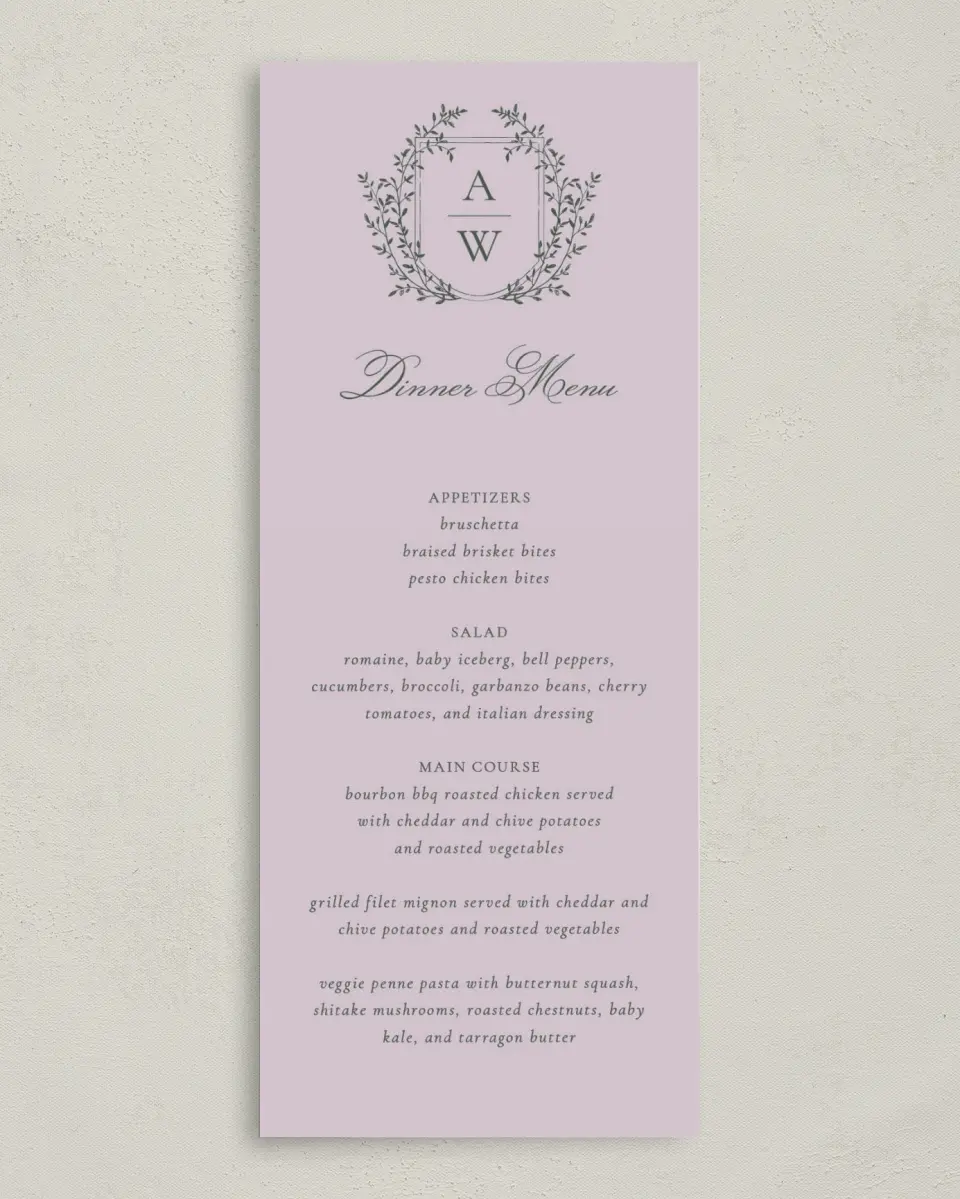 This is a 3⅝" x 8⅞" Wedding Menu Card called The Adaline printed in full color on Premium Smooth paper