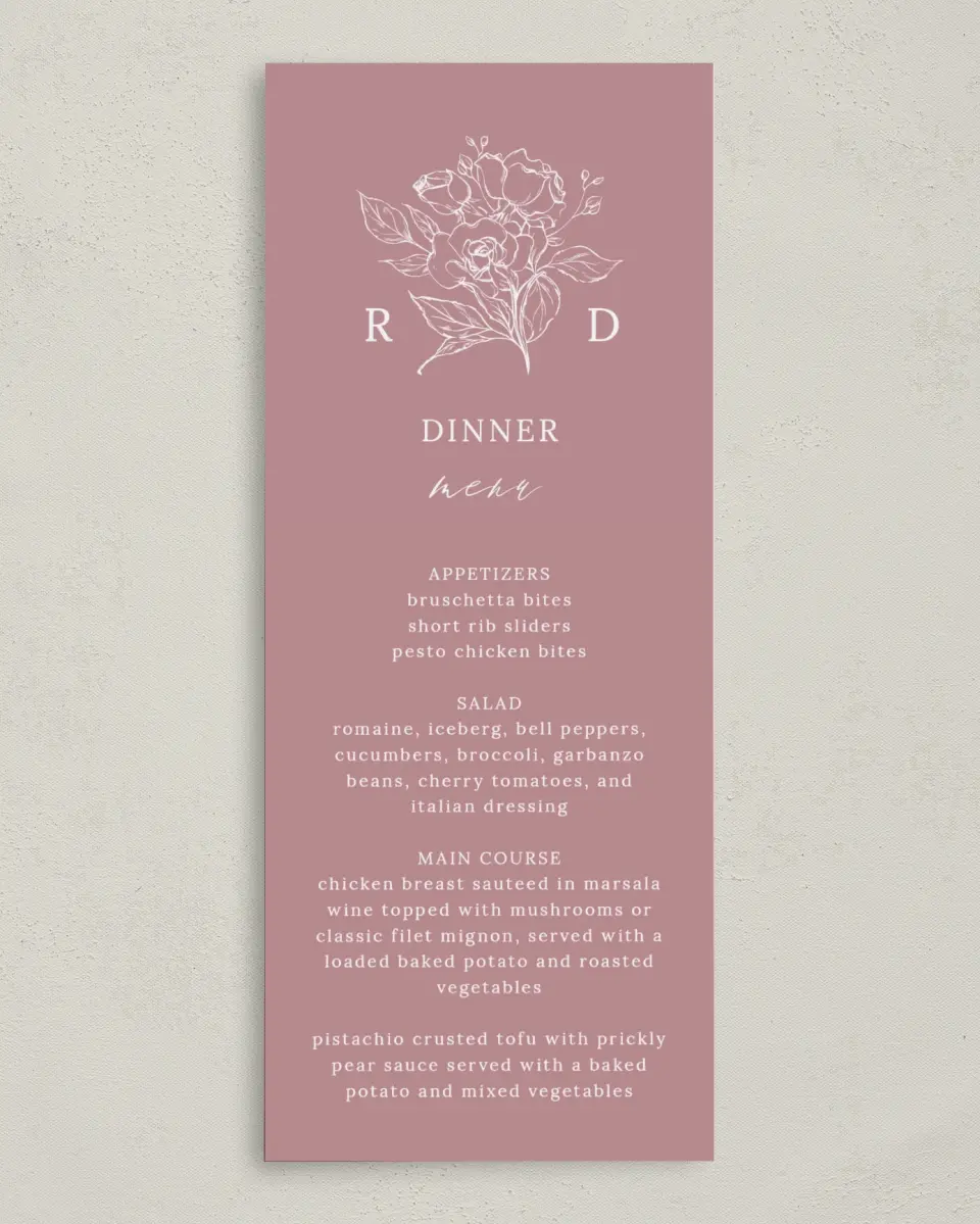 This is a 3⅝" x 8⅞" Wedding Menu Card called Blushing Rose printed in full color on Premium Smooth paper