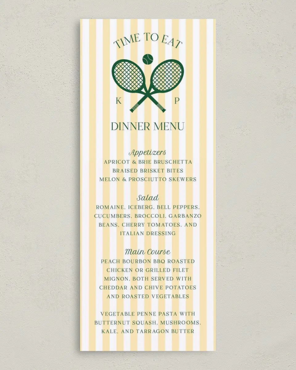 This is a 3⅝" x 8⅞" Wedding Menu Card called A Perfect Match printed in full color on Premium Smooth paper