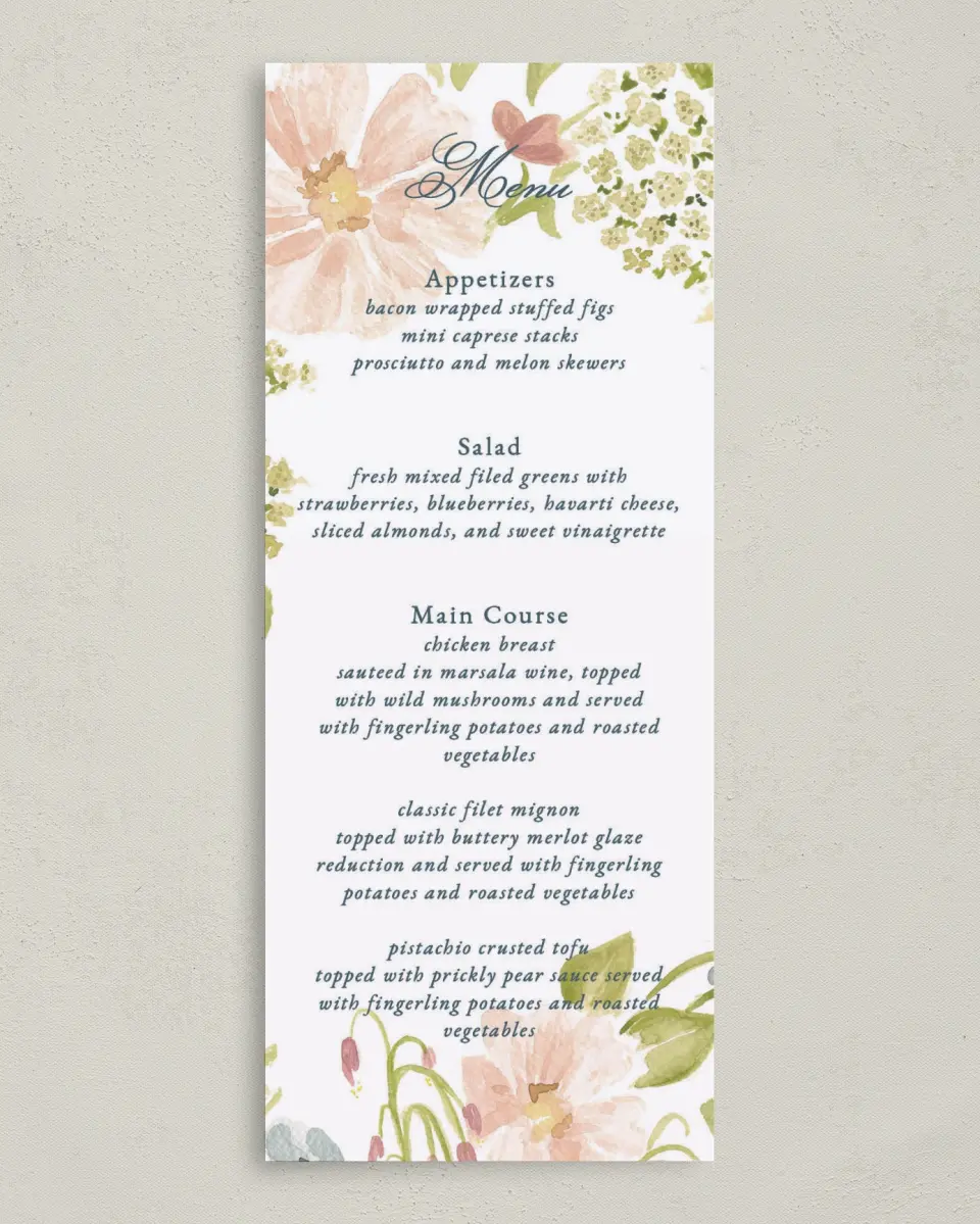 This is a 3⅝" x 8⅞" Wedding Menu Card called Garden of Vows printed in full color on Premium Smooth paper
