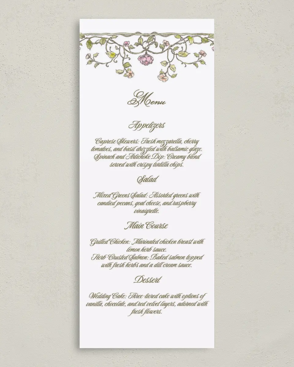 This is a 3⅝" x 8⅞" Wedding Menu Card called Ever After printed in full color on Premium Smooth paper