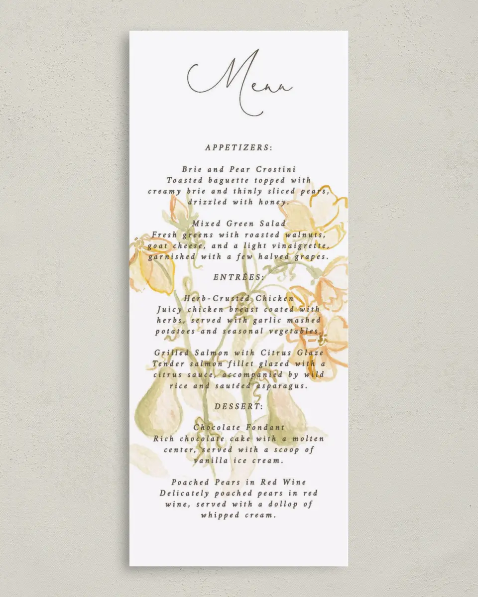 This is a 3⅝" x 8⅞" Wedding Menu Card called Royal Glory printed in full color on Premium Smooth paper