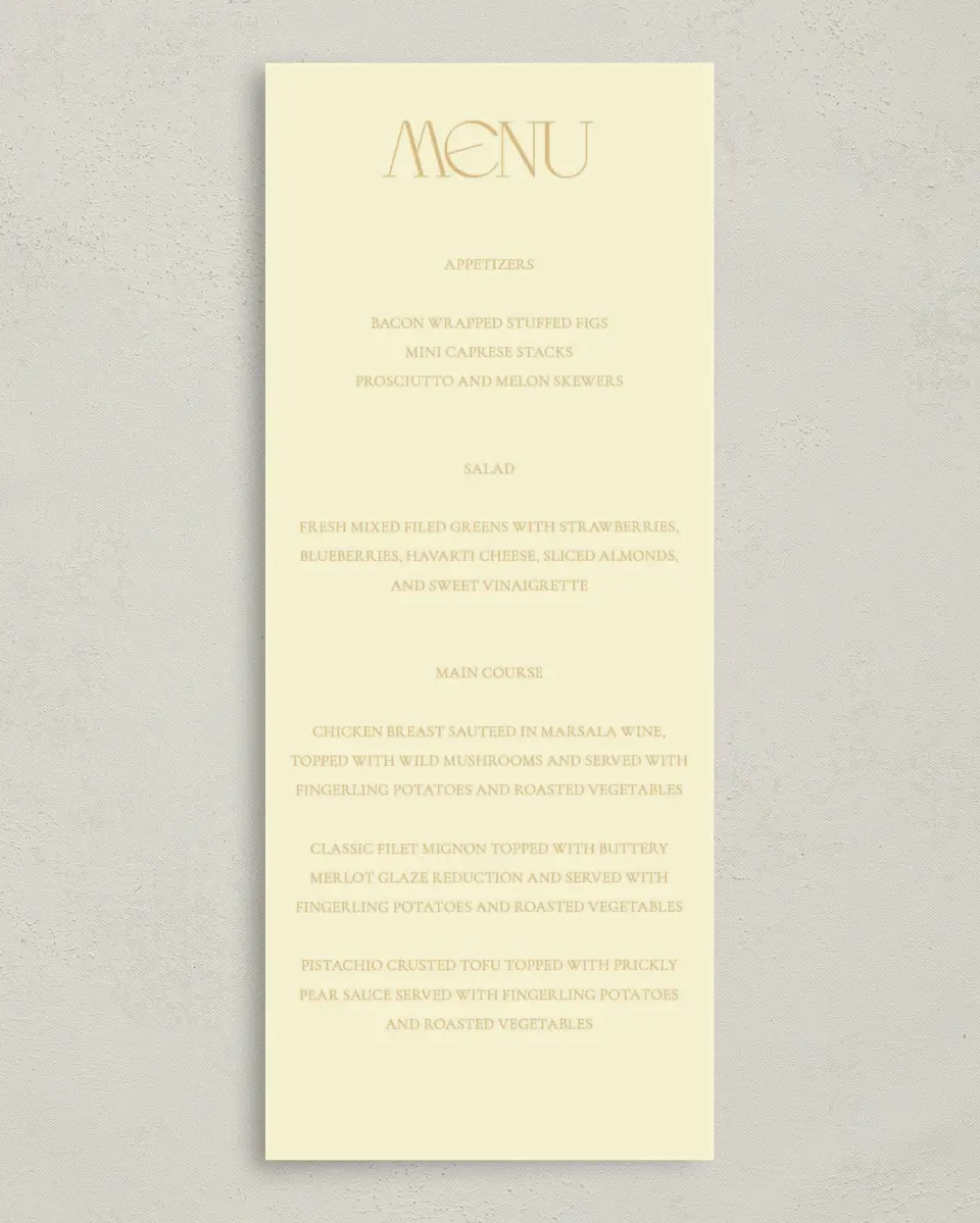 This is a 3⅝" x 8⅞" Wedding Menu Card called Water Lily printed in full color on Premium Smooth paper