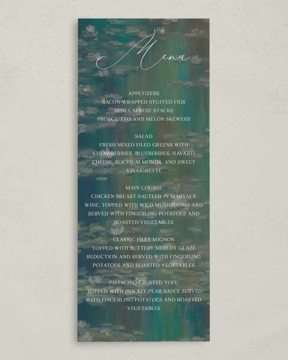 This is a 3⅝" x 8⅞" Wedding Menu Card called Bridge To Love printed in full color on Premium Smooth paper
