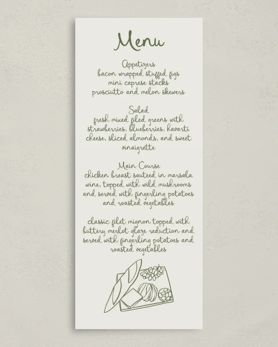 This is a 3⅝" x 8⅞" Wedding Menu Card called Sweet Woodland printed in full color on Premium Smooth paper