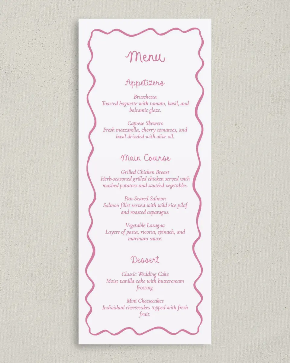 This is a 3⅝" x 8⅞" Wedding Menu Card called Swan Love printed in full color on Premium Smooth paper