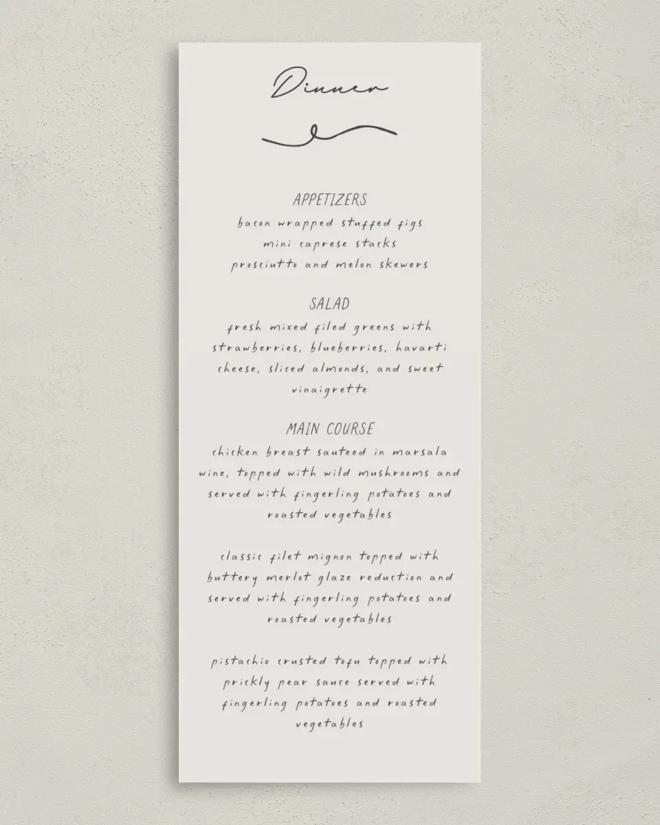 This is a 3⅝" x 8⅞" Wedding Menu Card called Locket of Love printed in full color on Premium Smooth paper