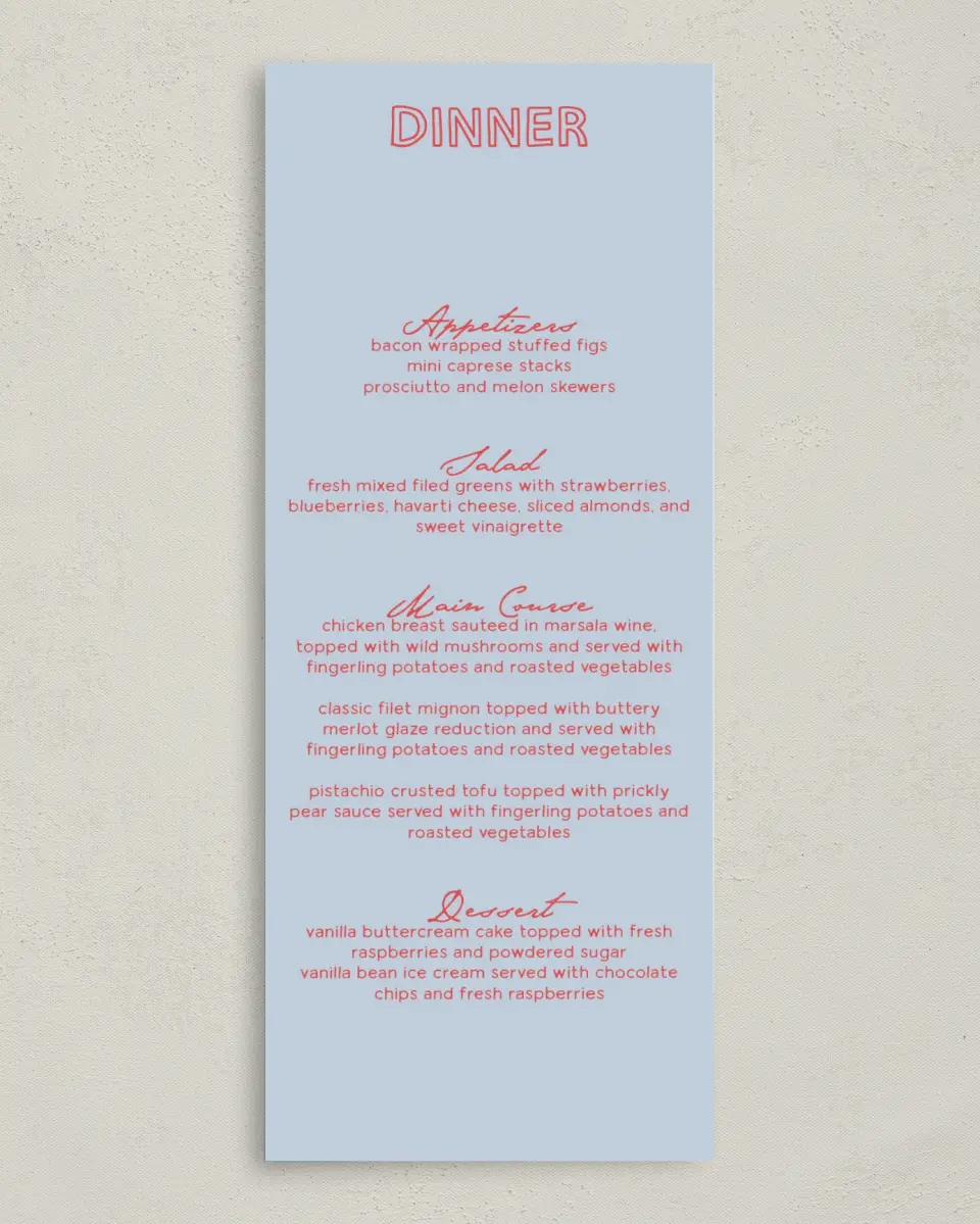 This is a 3⅝" x 8⅞" Wedding Menu Card called Bold & Bright printed in full color on Premium Smooth paper