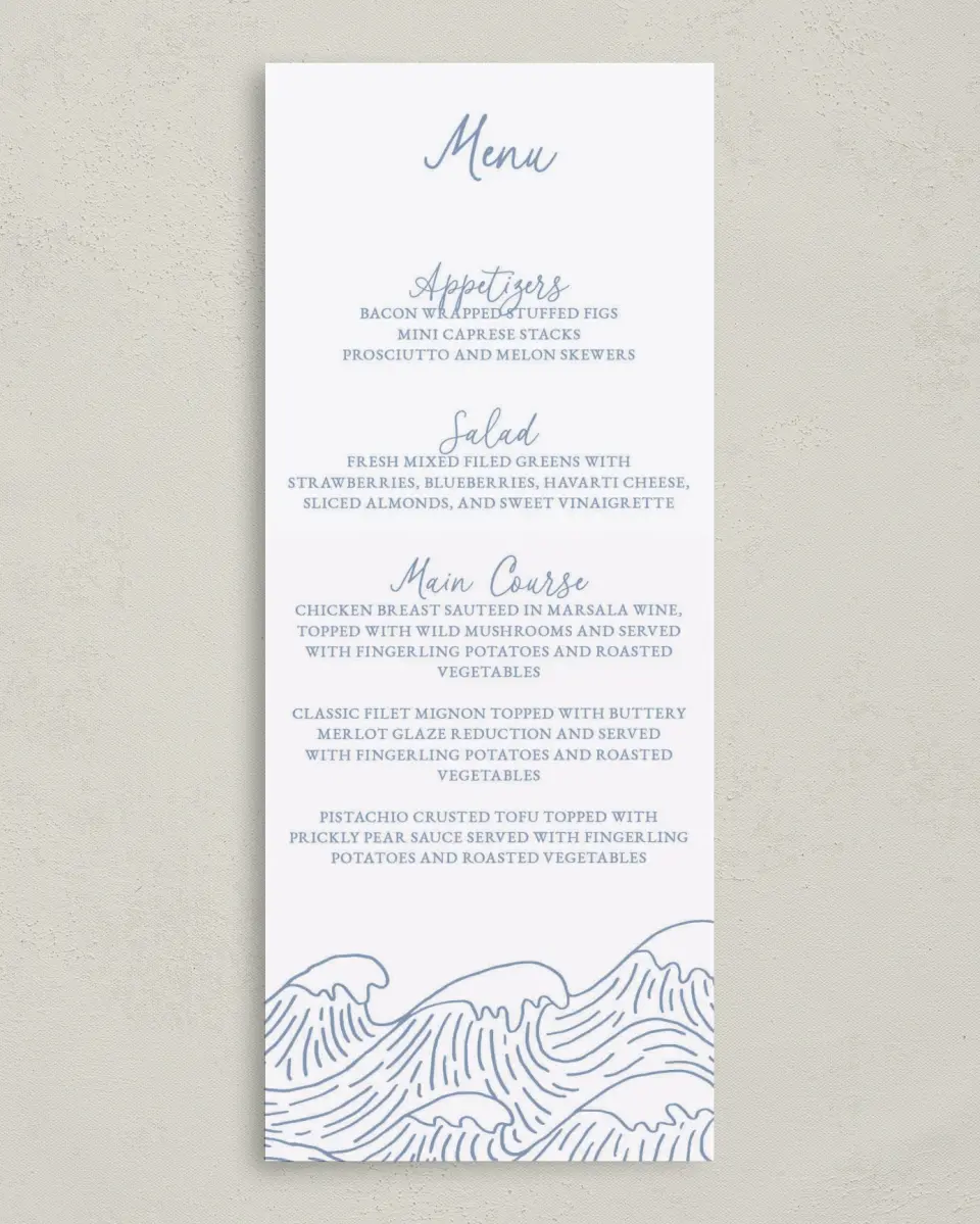 This is a 3⅝" x 8⅞" Wedding Menu Card called Wave of Love printed in full color on Premium Smooth paper