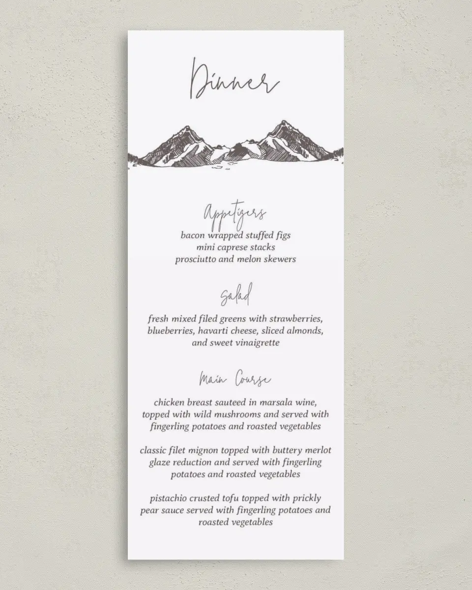 This is a 3⅝" x 8⅞" Wedding Menu Card called Mountain Bliss printed in full color on Premium Smooth paper