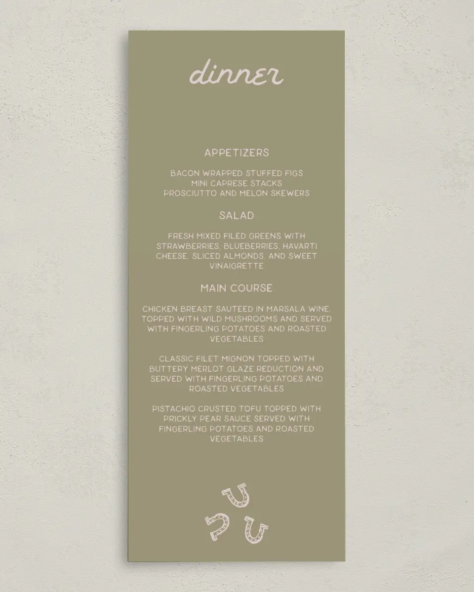 This is a 3⅝" x 8⅞" Wedding Menu Card called Western Whimsy printed in full color on Premium Smooth paper
