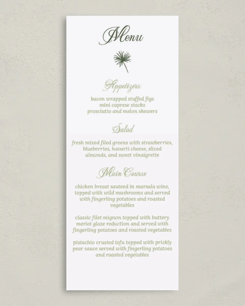 This is a 3⅝" x 8⅞" Wedding Menu Card called Palm Paradise printed in full color on Premium Smooth paper