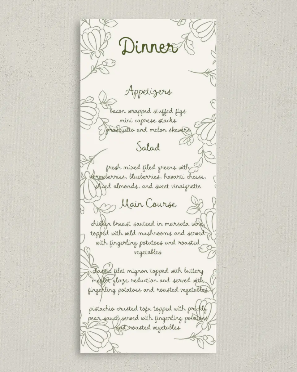 This is a 3⅝" x 8⅞" Wedding Menu Card called Evergreen Elegance printed in full color on Premium Smooth paper