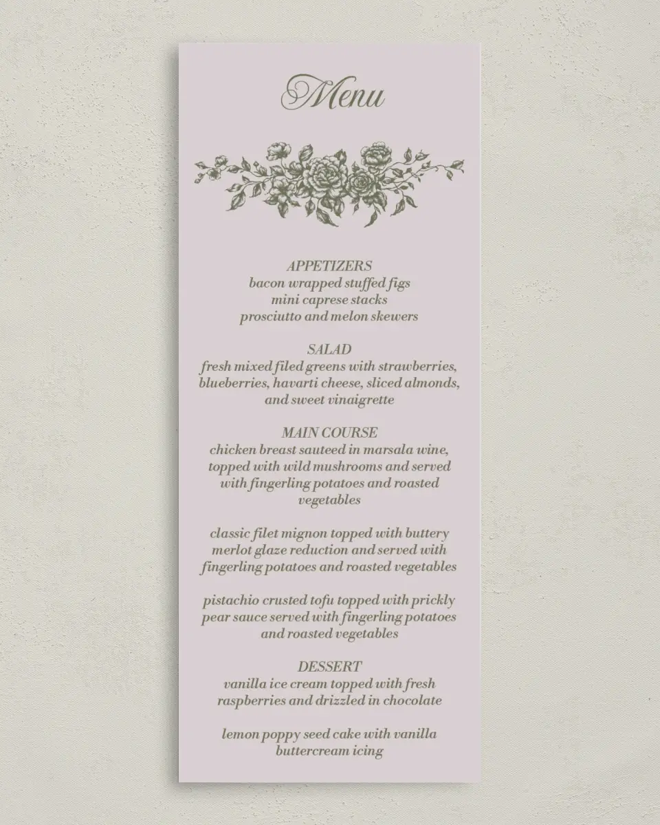 This is a 3⅝" x 8⅞" Wedding Menu Card called Meadow of Merriment printed in full color on Premium Smooth paper