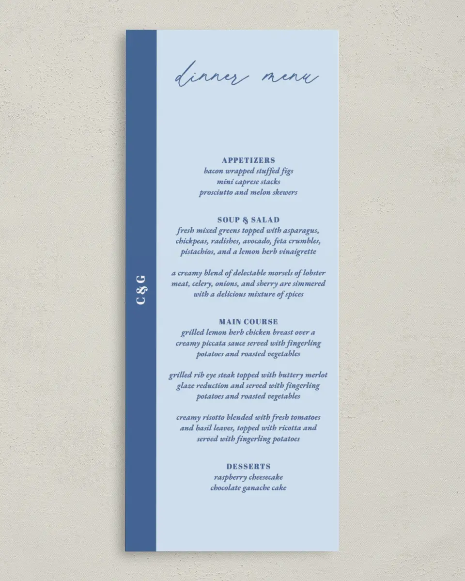 This is a 3⅝" x 8⅞" Wedding Menu Card called Forever and Ever printed in full color on Premium Smooth paper